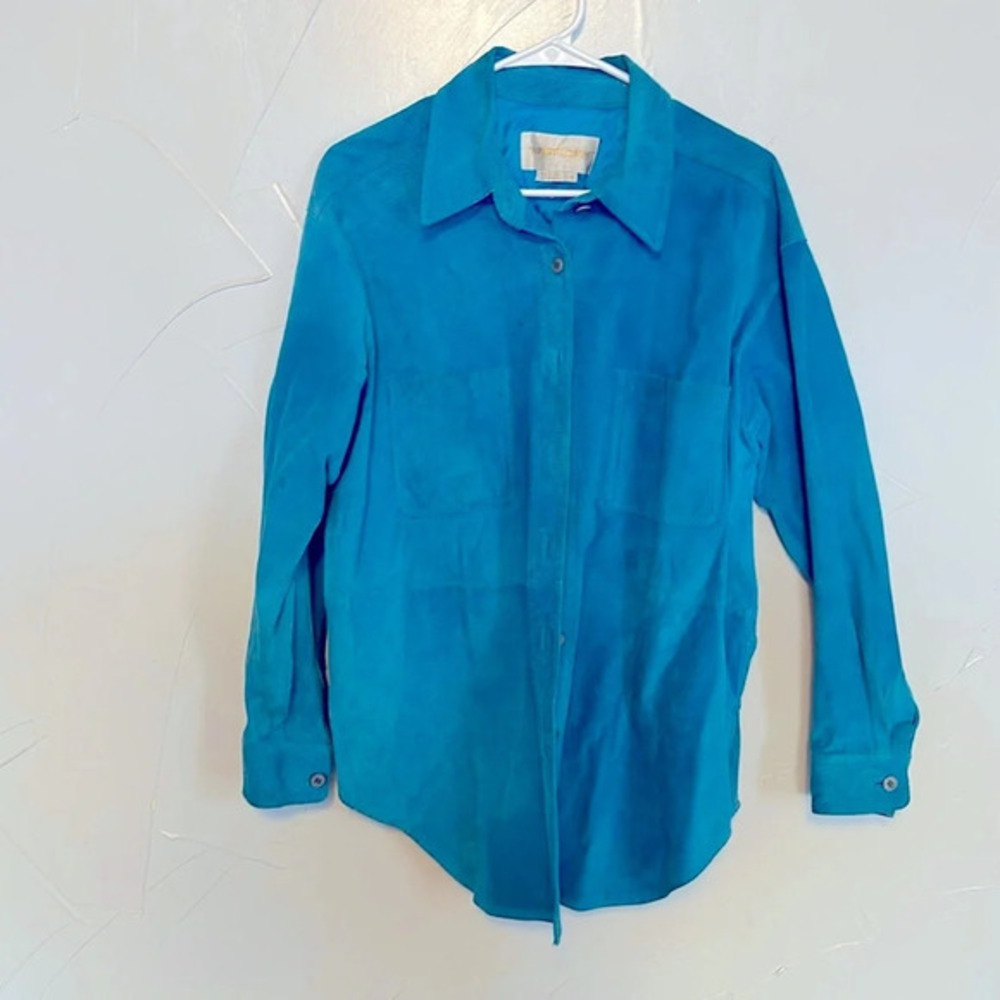 Margaret Godfrey Blue Suede Leather Longline Shirt Blue GVC M